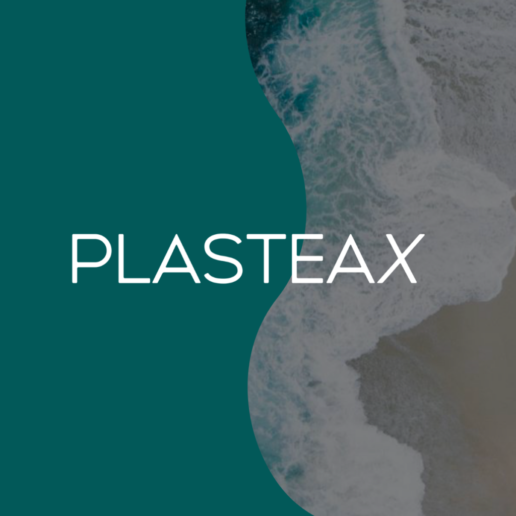 An image of the sea cresting on a beach with the word "Plasteax" over the top